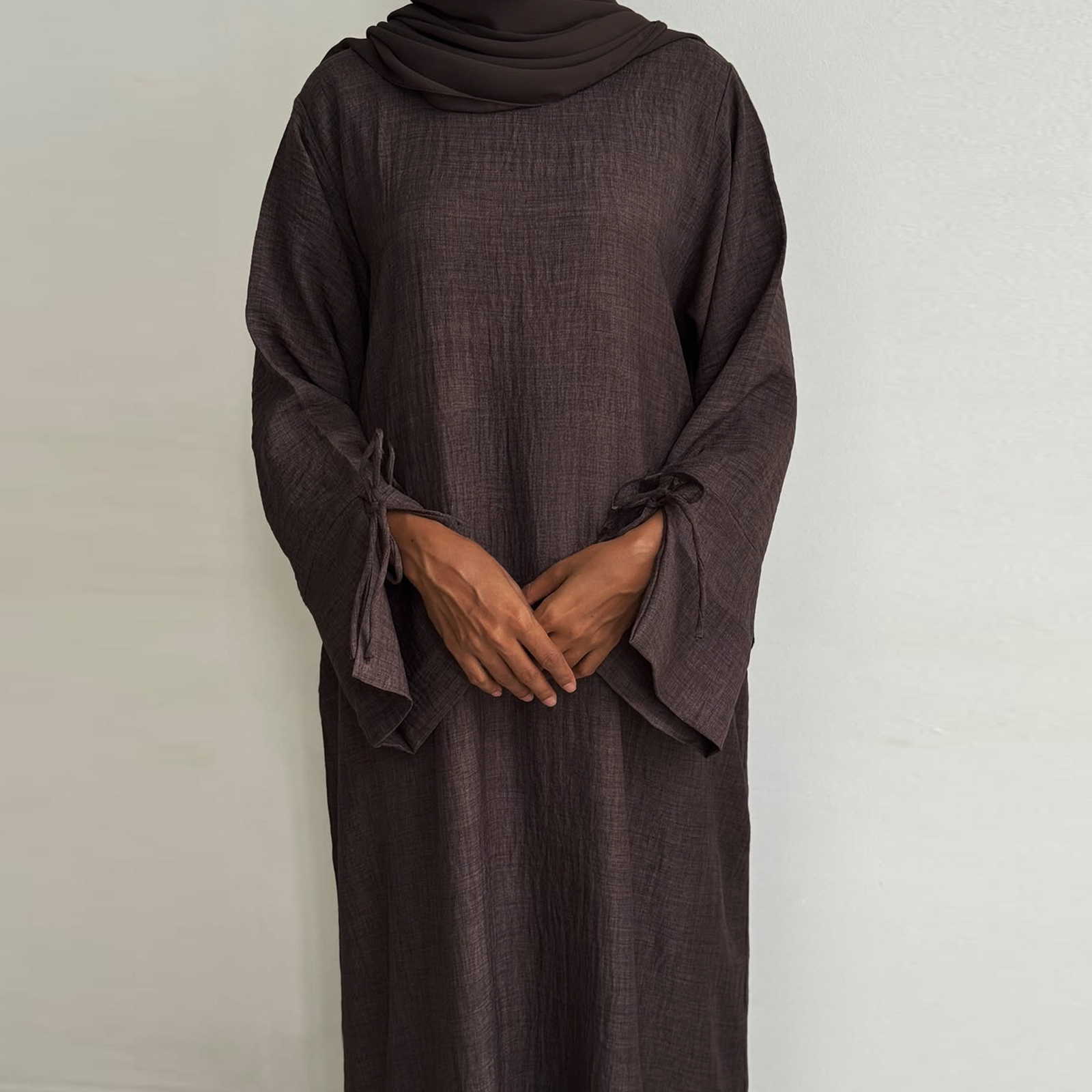 Women Muslim Arab Solid Color Ramadan Dress Loose Slit Long Sleeve Robe