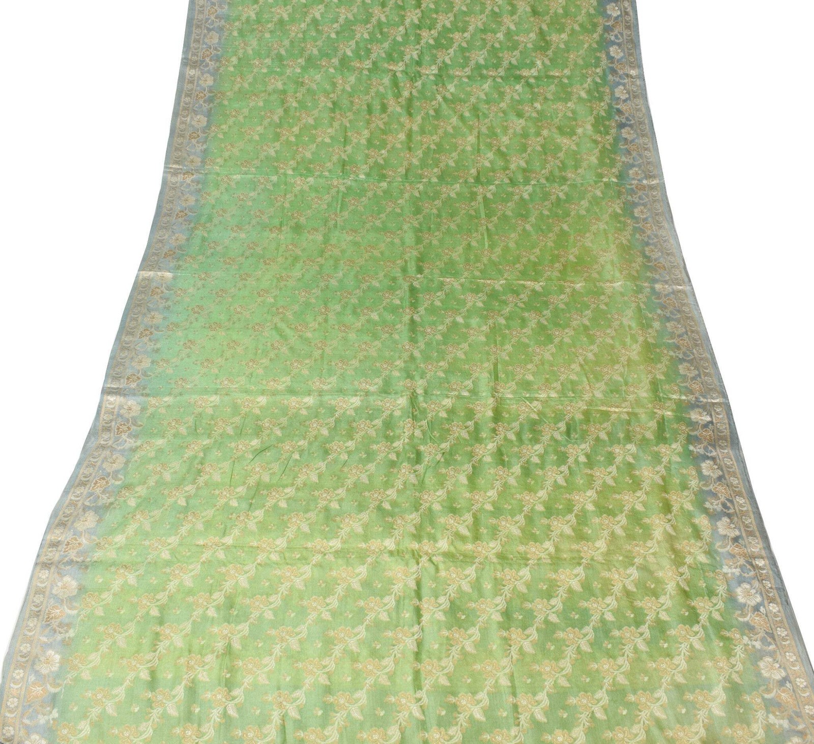 Sushila Vintage Green & Gray Saree Floral Woven 100%Pure Tussar Silk Sari Fabric