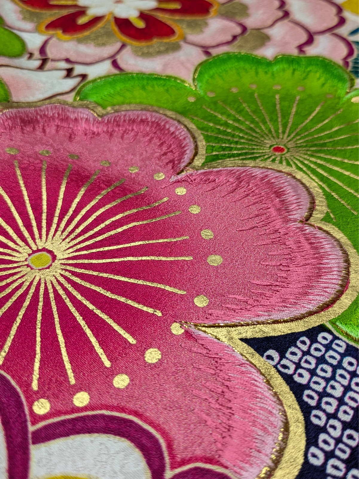 Japanese Kimono Silk Furisode Green Gorgeous Colored Floral Big SIze Textile Art