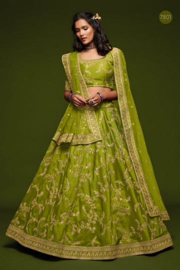 New Designer Lime Green Art Silk Lehenga Choli With Fancy Dupatta For Reception