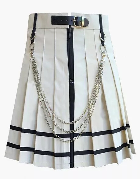 Women’s Handmade Scottish Modern White Gothic Kilt with Black Straps Personalize