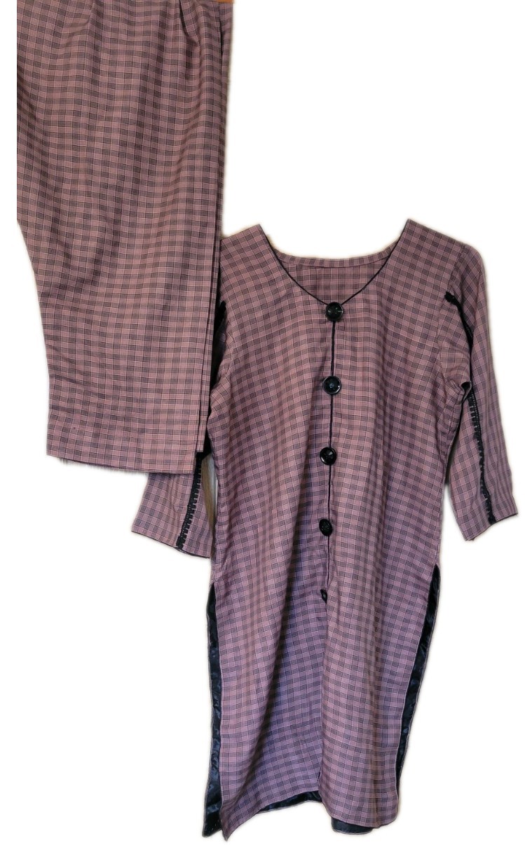 Pakistani Ethnic Check Button Down Kurta Trousers Set Women’s Size L/Xl Tea Pink