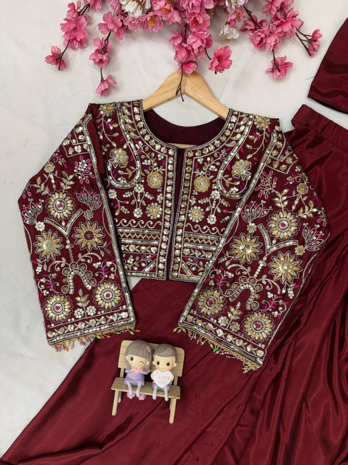 Women Maroon Embroidered Crop Jacket Blouse Palazzo Dupatta Set Designer Indo XL