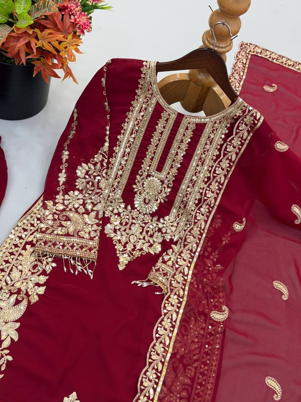 New Designer Maroon Faux Georgette Salwar Kameez With Dupatta For Wedding Wear