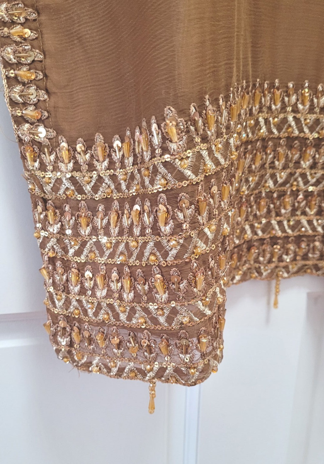 3pc Beaded & Sequin Silk Chiffon Salwar Kameez w/ Dupatta – Brown/Gold – Medium