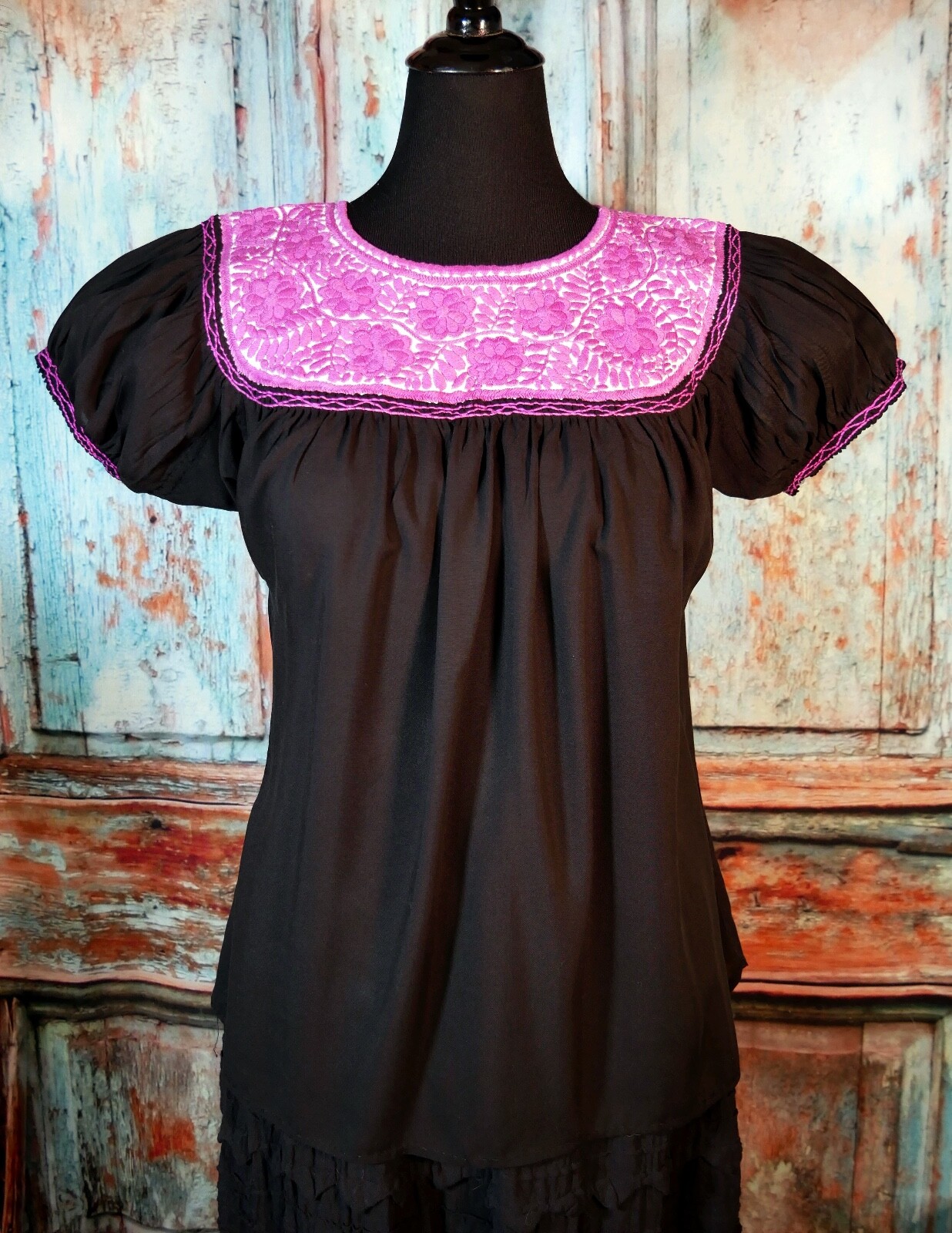 Peasant Blouse Hand Embroidered Pink Flowers & Black Fabric Mayan Chiapas Mexico