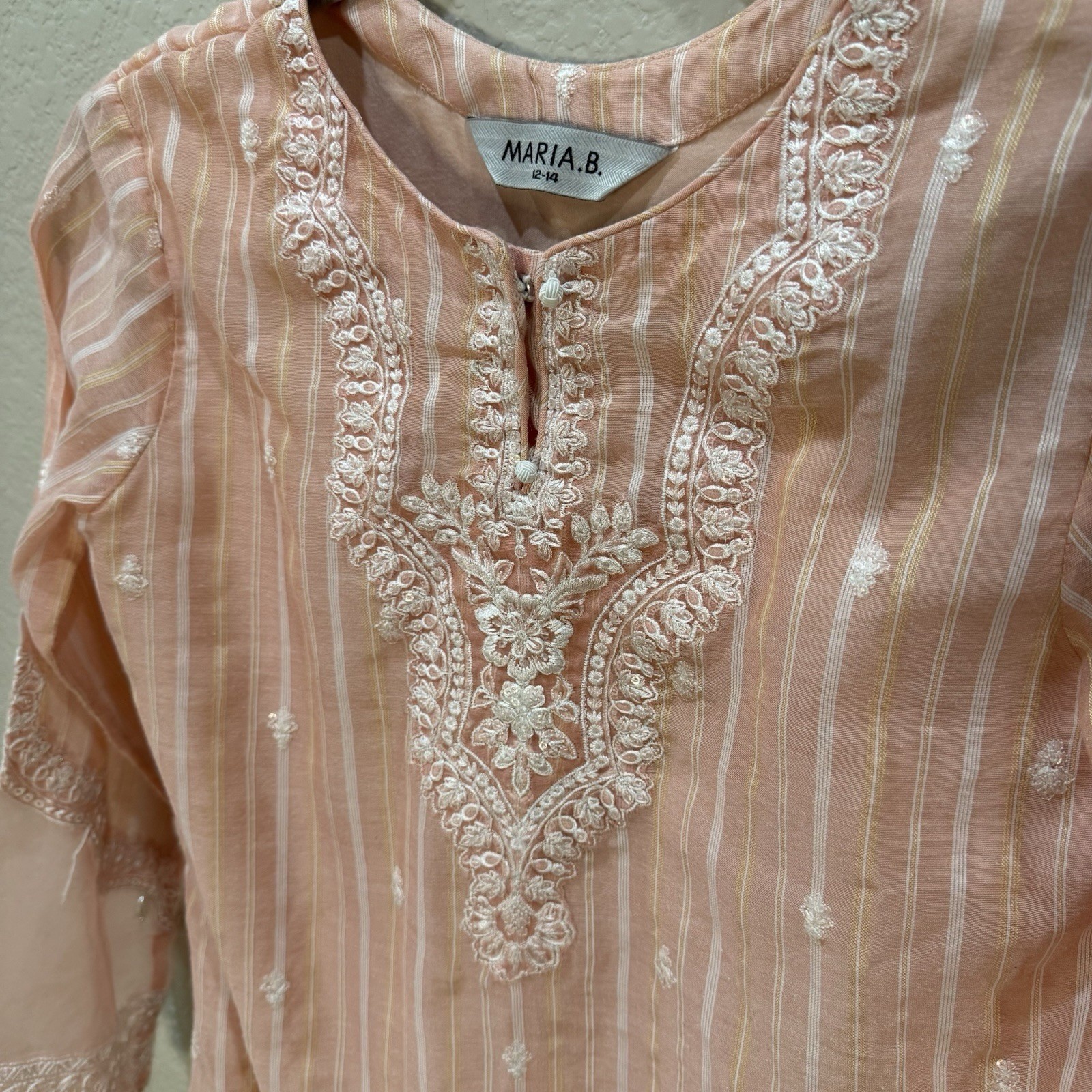 Original Maria B Girls Suit Peach Stripe Cotton Embroidered Shalwar Kameez 12-14