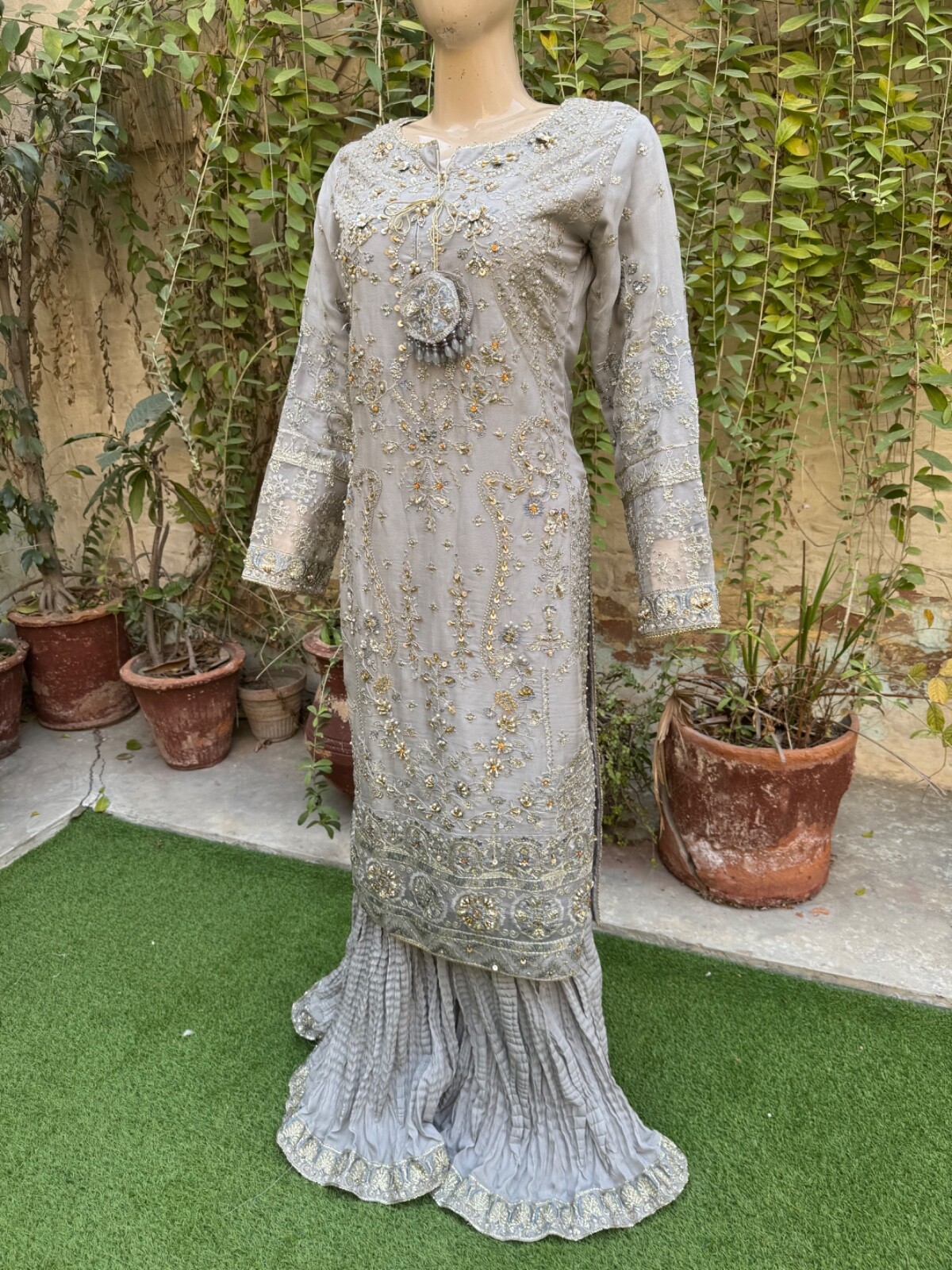 Pakistani Gray Straight Style Embroidered Sequins Chiffon Sharara Dress,L