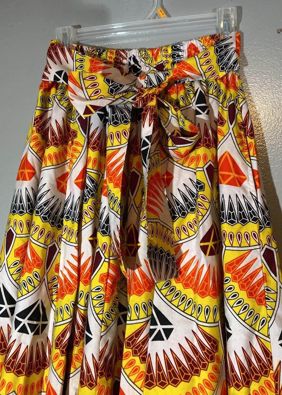 Maxi Circle Skirt African Ankara Print Diamonds Maroon Orange Yellow W/Hair Wrap
