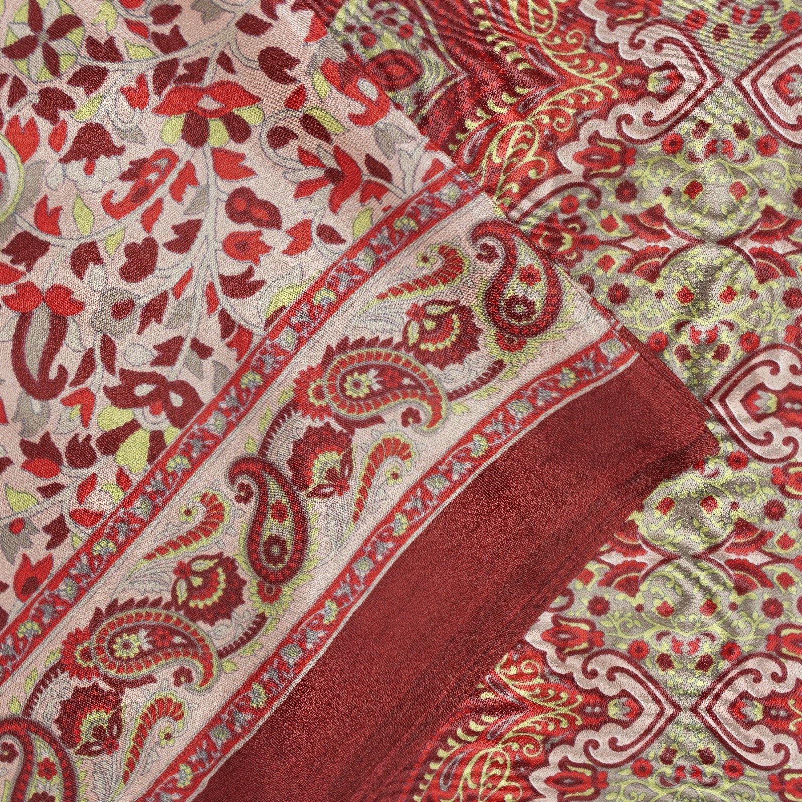 Sanskriti Vintage Sarees Red & Ivory Moss Crepe Paisley Print 5+Yd Remnant Sari