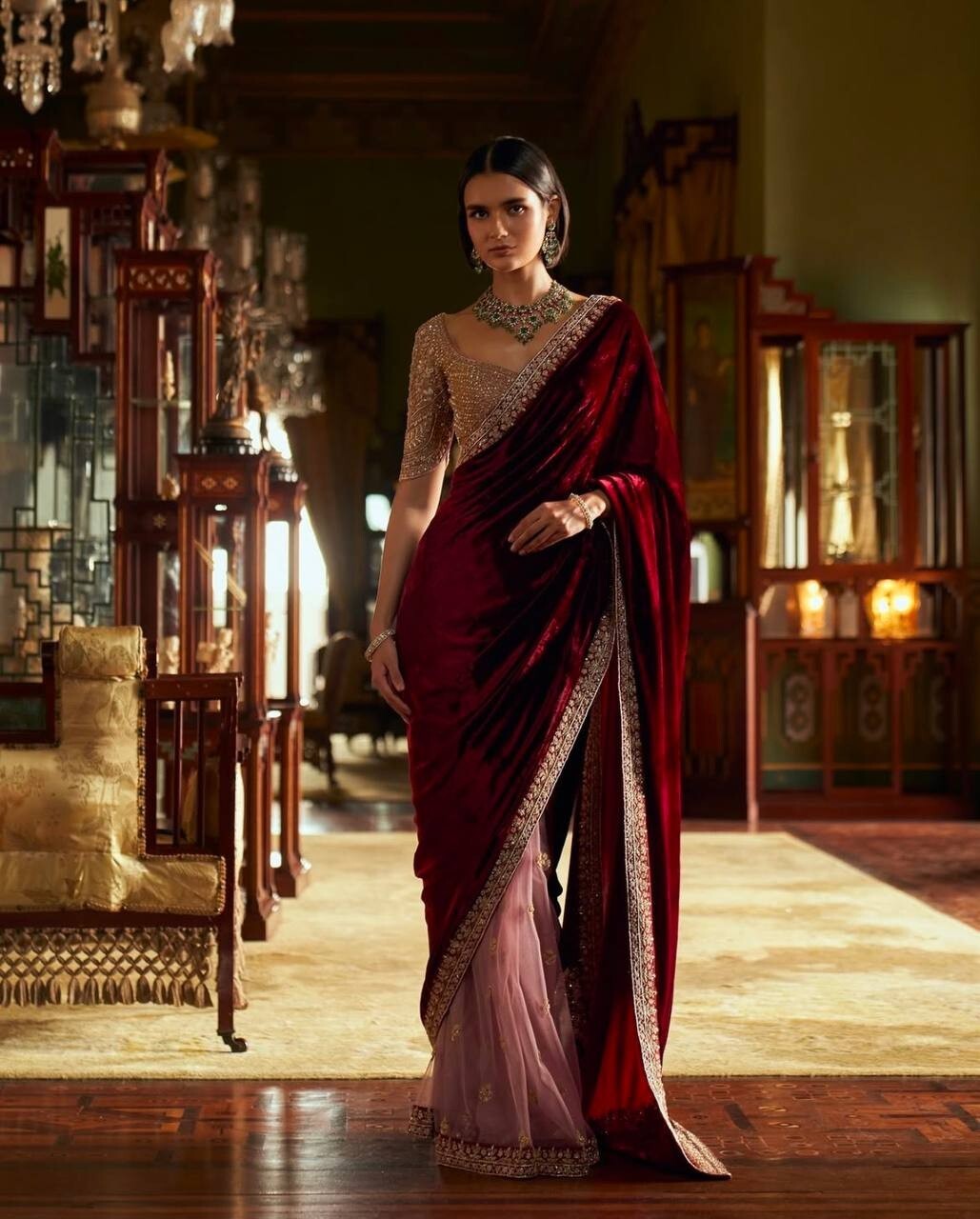 New Collection Velvet Net Maroon Saree With Blouse For Wedding & Party Wear