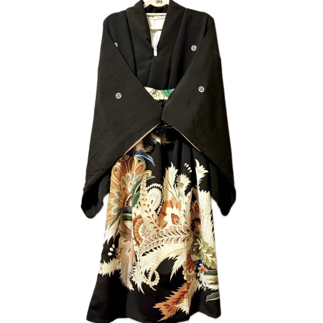 Used Kimono Outfit Black Jacket Crest Phoenix Pattern Skirt Set