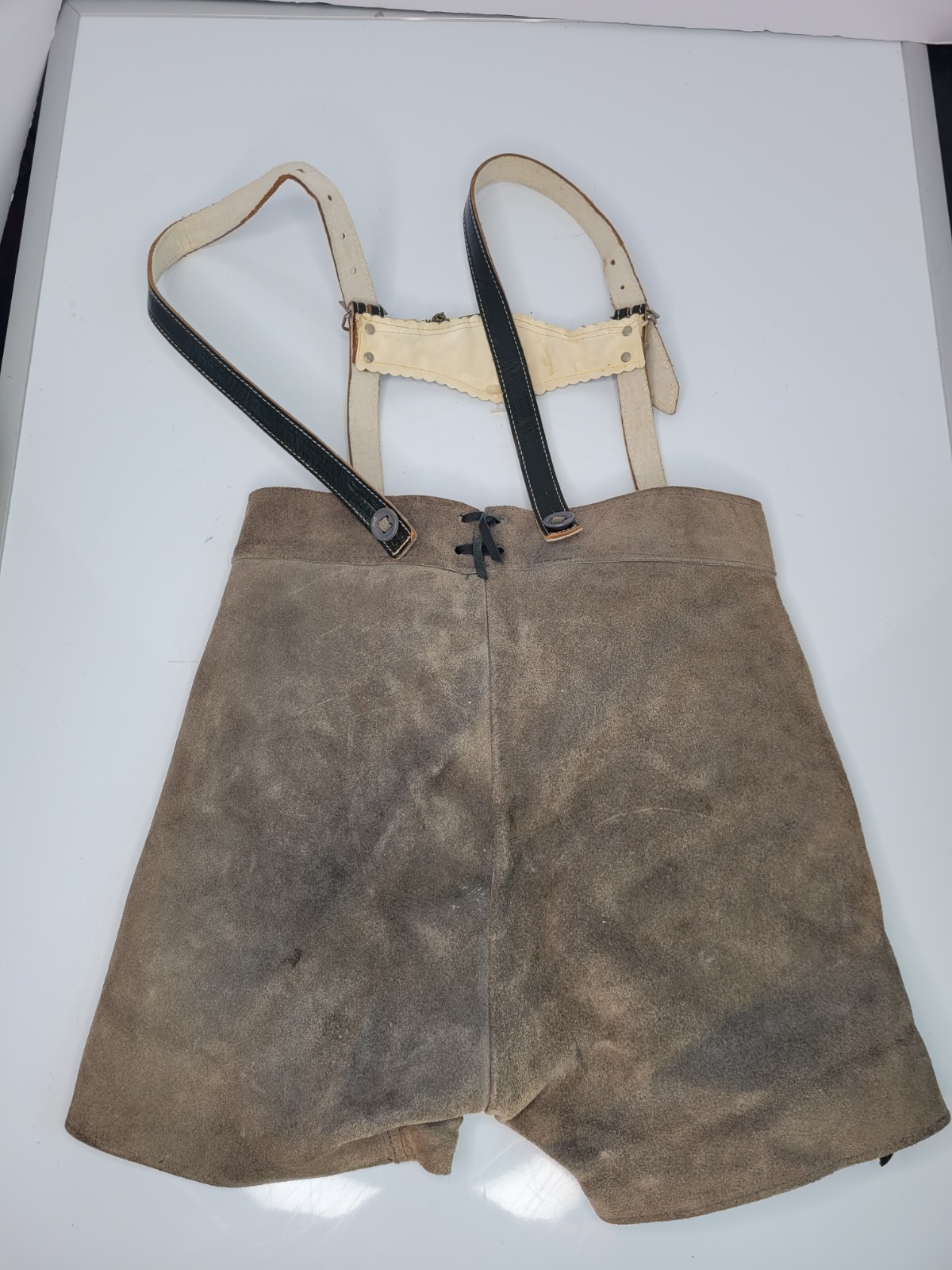 Vintage Youth Kids Lederhosen Short Suspenders Grey Red & Brown Leather Trim