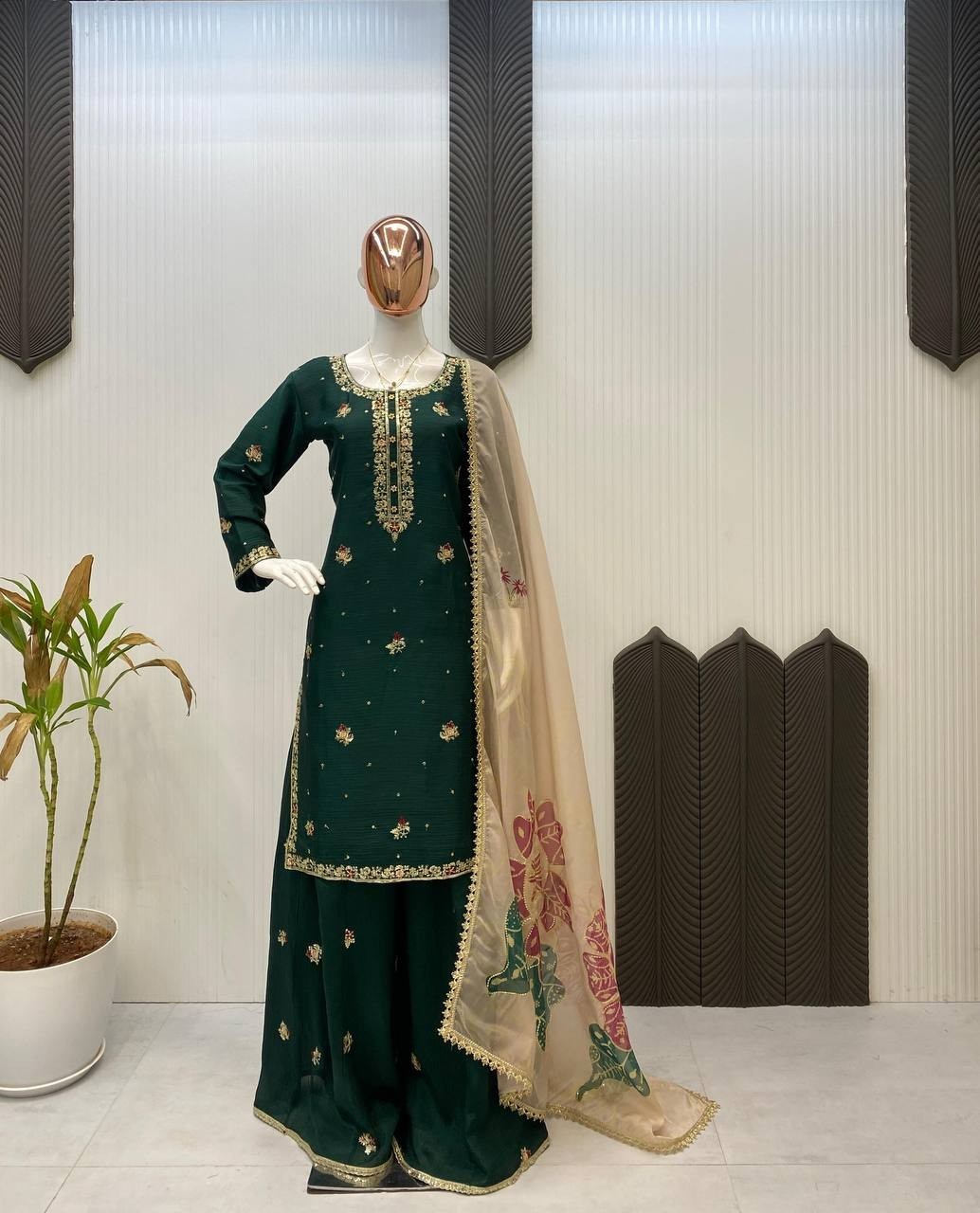 New Exclusive Green Chinon Kurta Palazzo With Organza Dupatta For Women