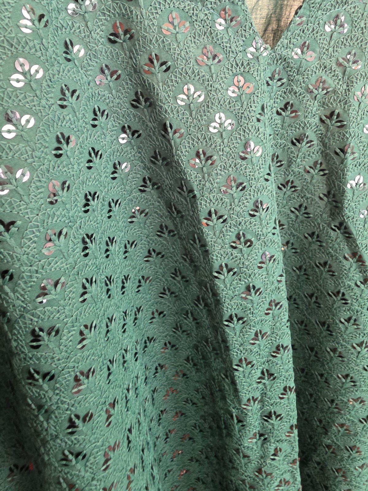 Sequin Embroidered Green Cotton Kurta Tunic Dress Size 46 Boho Festival India