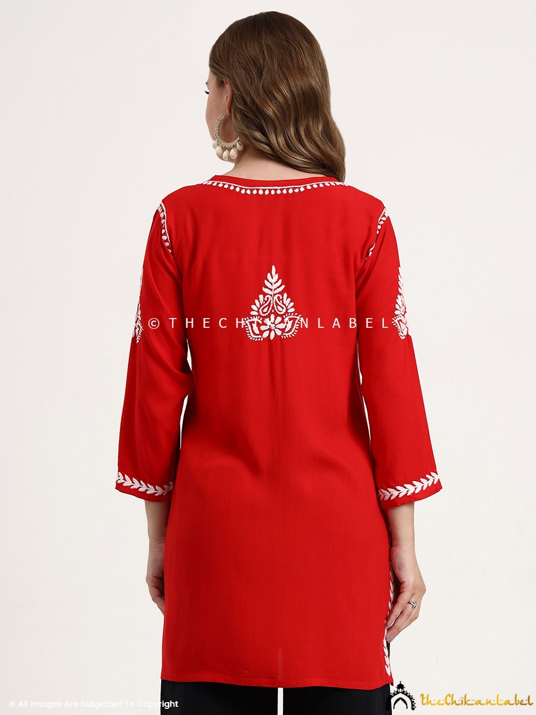 Red Modal Chikankari Short Kurta, Hand-Embroidered Short Kurti Top For Women