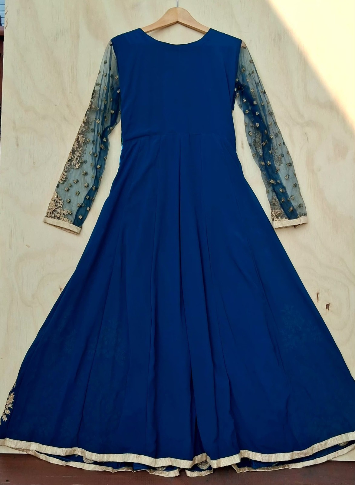 Indian Anarkali Gown Dress S Royal Blue Gold Embroidered Long Sleeve Maxi Party