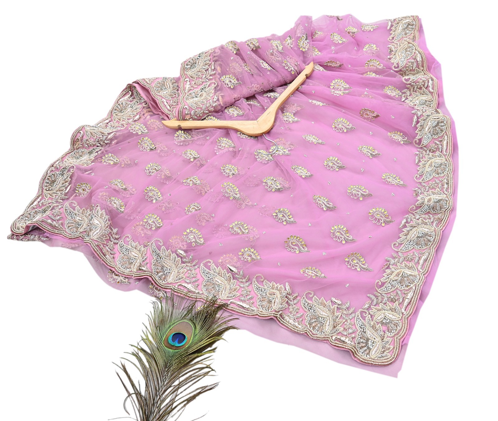 Indian Vintage Sari Pink Net/Mesh Hand Embroidered Anamika Khanna Designer Saree