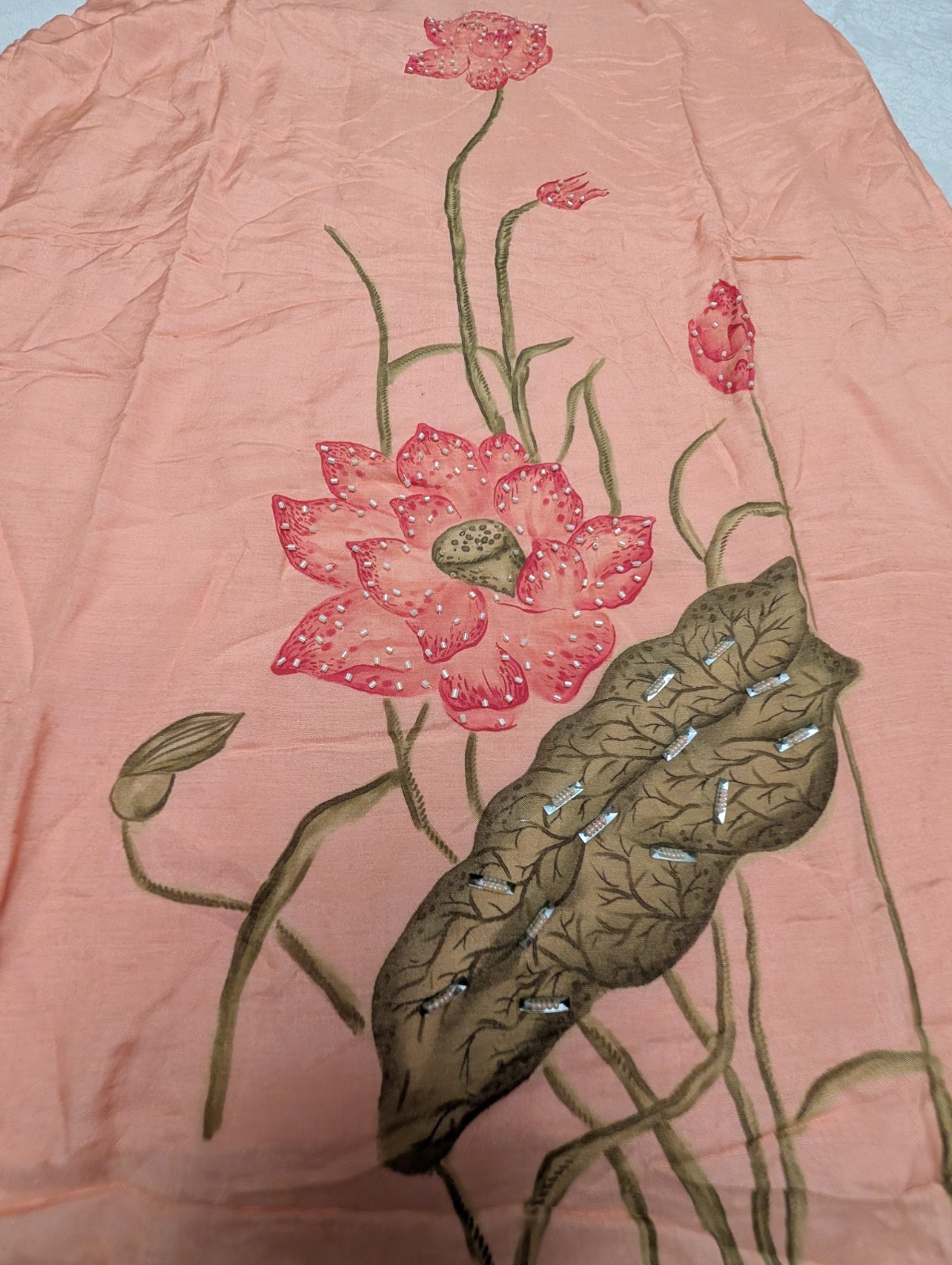 Hand-Painted Peach Kurta – Floral Lotus Design, Size M/40 (Unbranded Wearable…