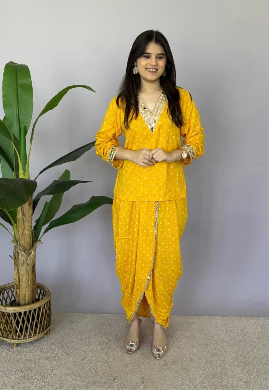 Bandhani Printed Women Kurti Cord Set Indian Party Wear Dhoti Pant Kurta Set