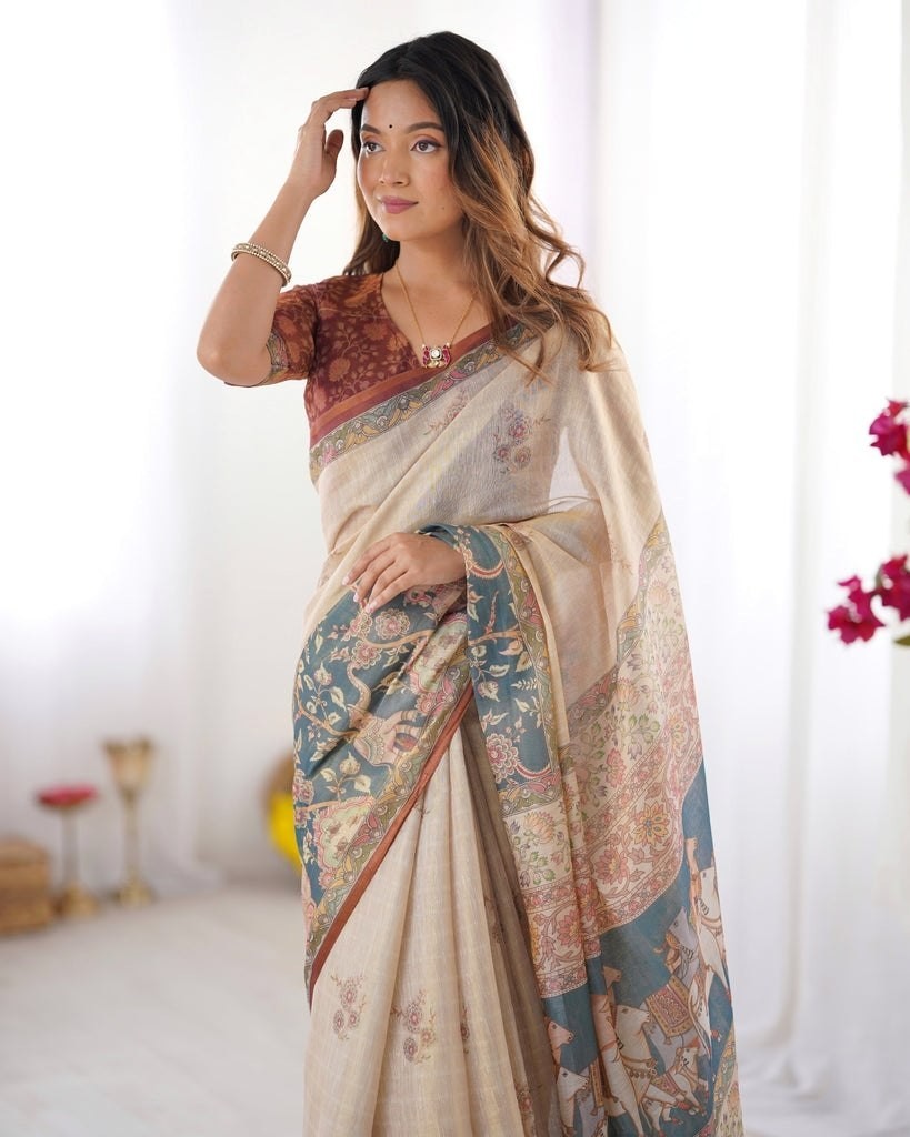 Linen Tissue Silk Saree Designer Party Wear Indian Sari Matching Blouse Piece