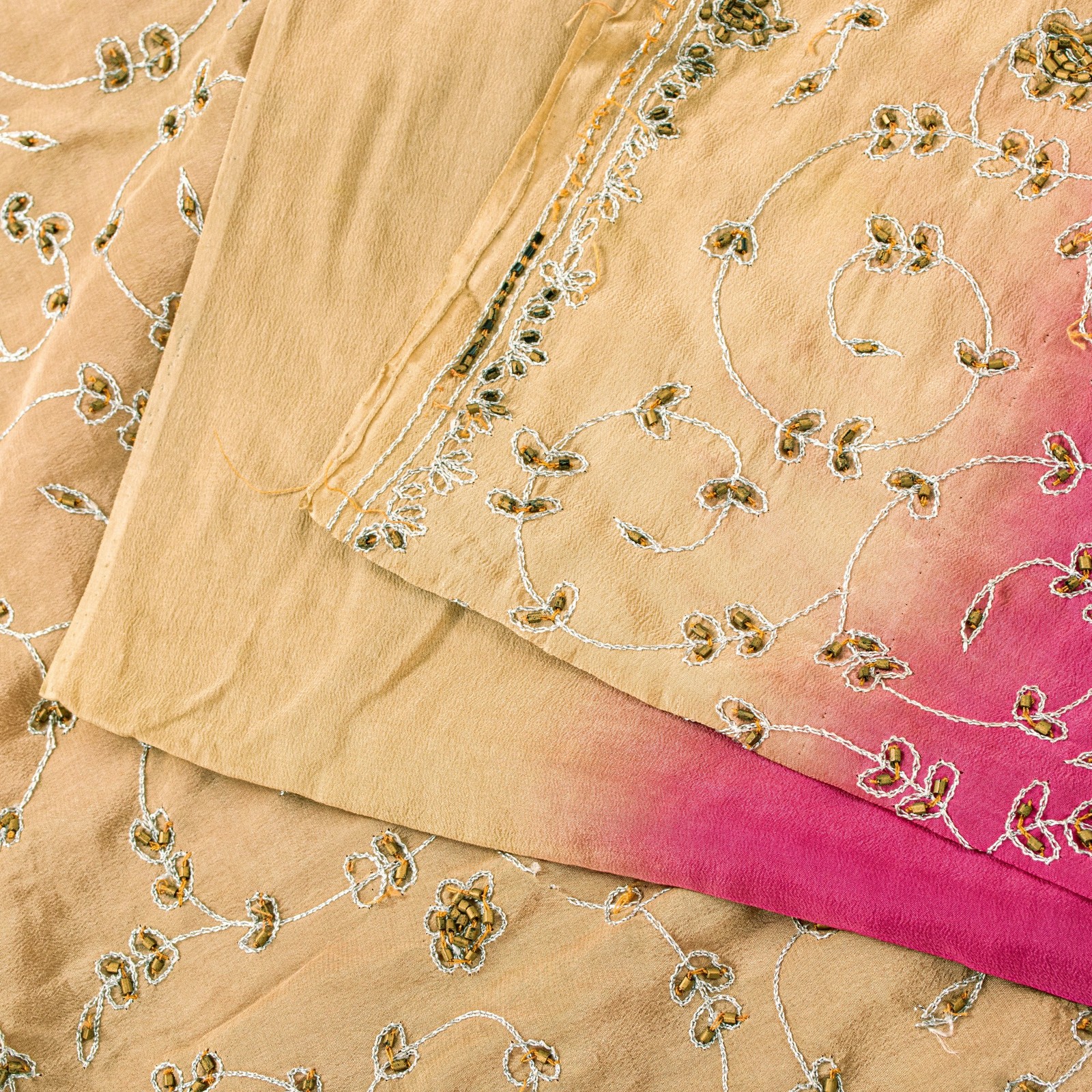 Sanskriti Vintage Pink Sari 100%Pure Crepe Silk Hand Beaded Sarees 5.5+Yd Fabric