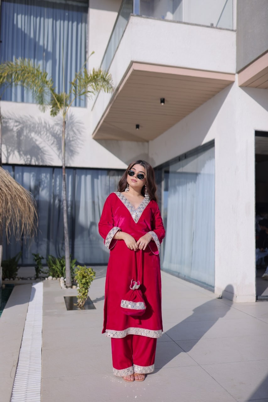 ReadytoWear Velvet Kurti Pant Set | Eid Party Outfit Zari Mirror | S M L XL XXL