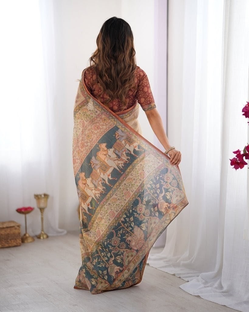 Linen Tissue Silk Saree Designer Party Wear Indian Sari Matching Blouse Piece