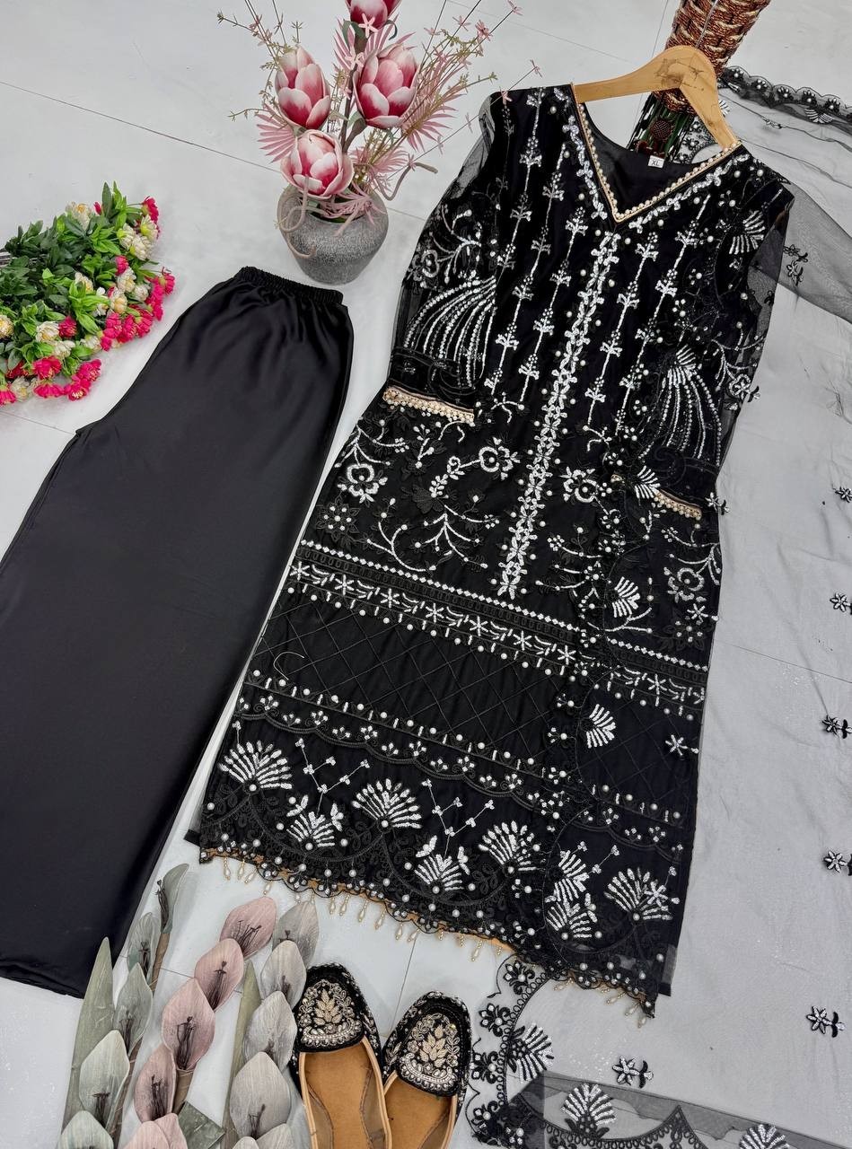 Elegant Black Soft Net Kurta Palazzo With Dupatta For Reception Wear