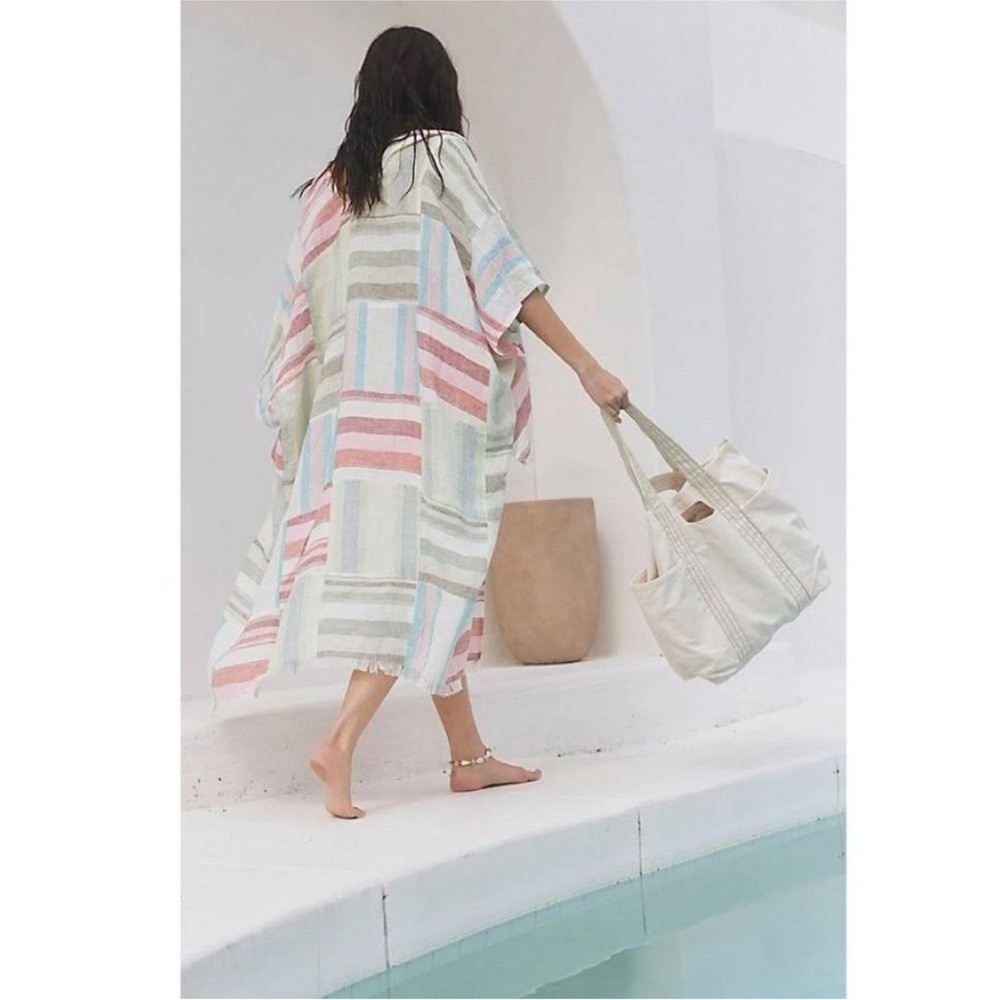 Free People Patchwork Sail Away 100% Linen Kimono One Size