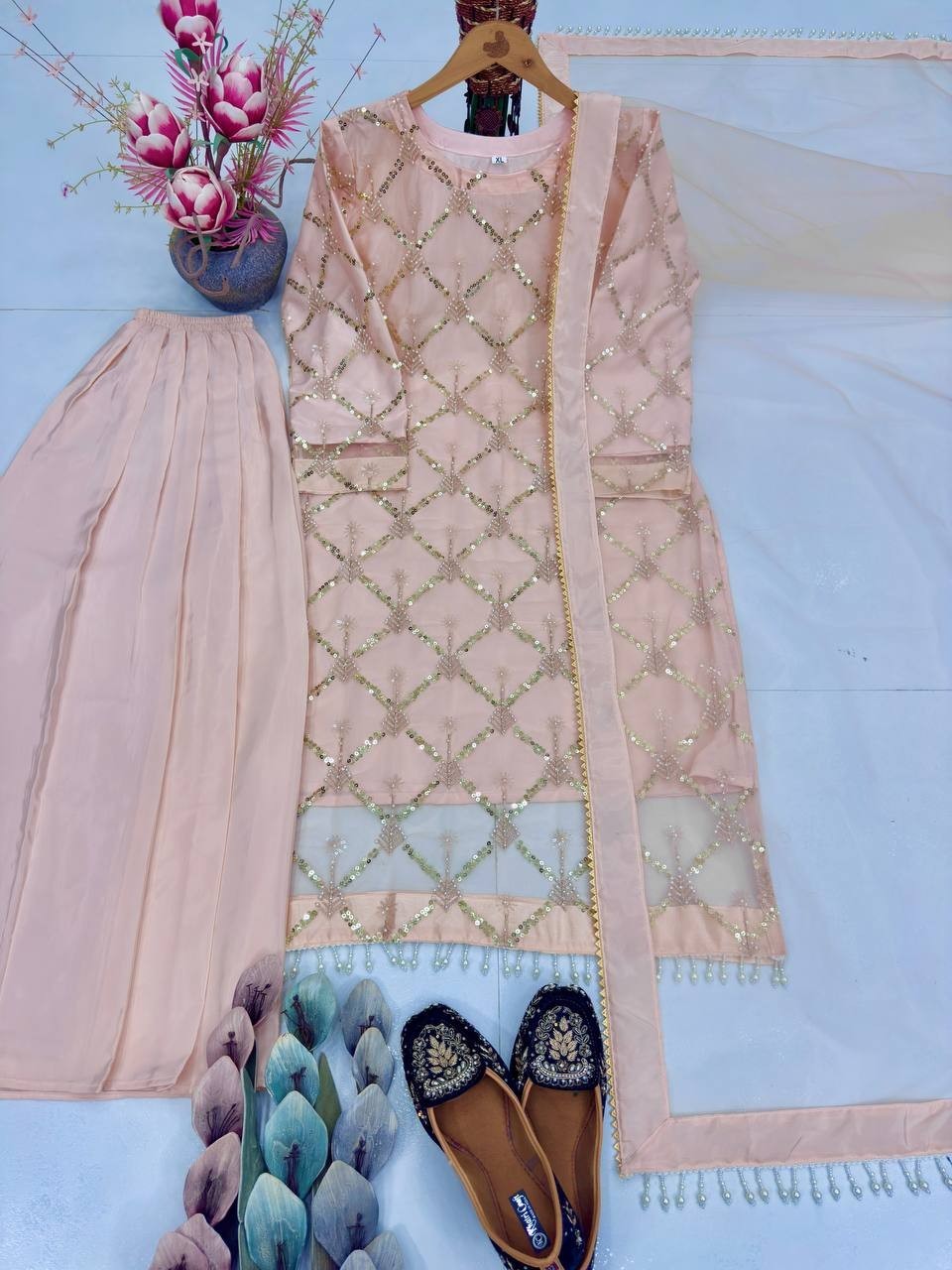 Presenting Soft Net Pink Top Palazzo With Dupatta For Reception Wear