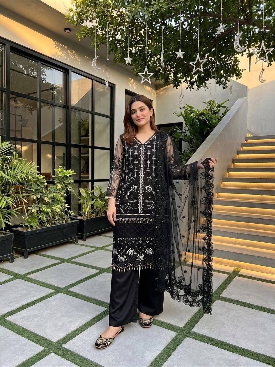 Elegant Black Soft Net Kurta Palazzo With Dupatta For Reception Wear