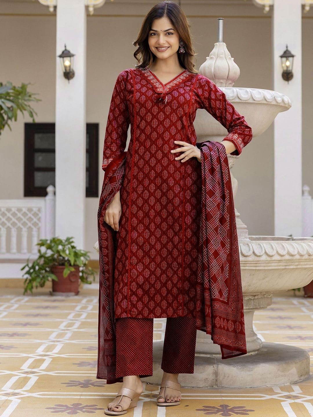 Women’s Pure Cotton Printed with Handwork Kurta with Pants and Dupatta Set