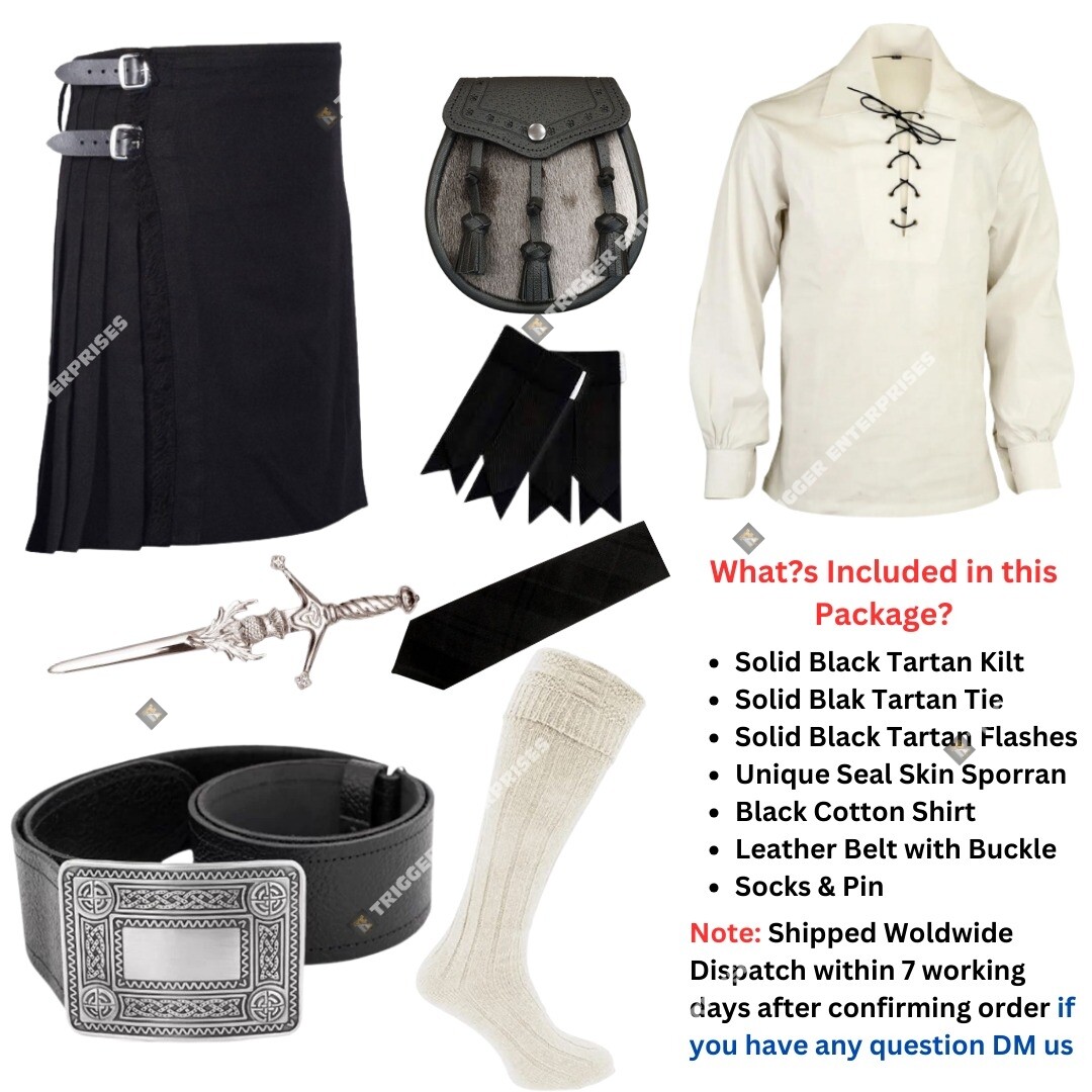 Handmade Solid Black Tartan Kilt Outfit for Men’s | Custom Size Available