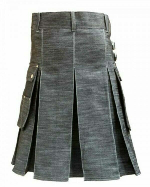 Denim Black Kilt With Grey Leather Strap Utility Kilts For Men Size (28″ to 50″)