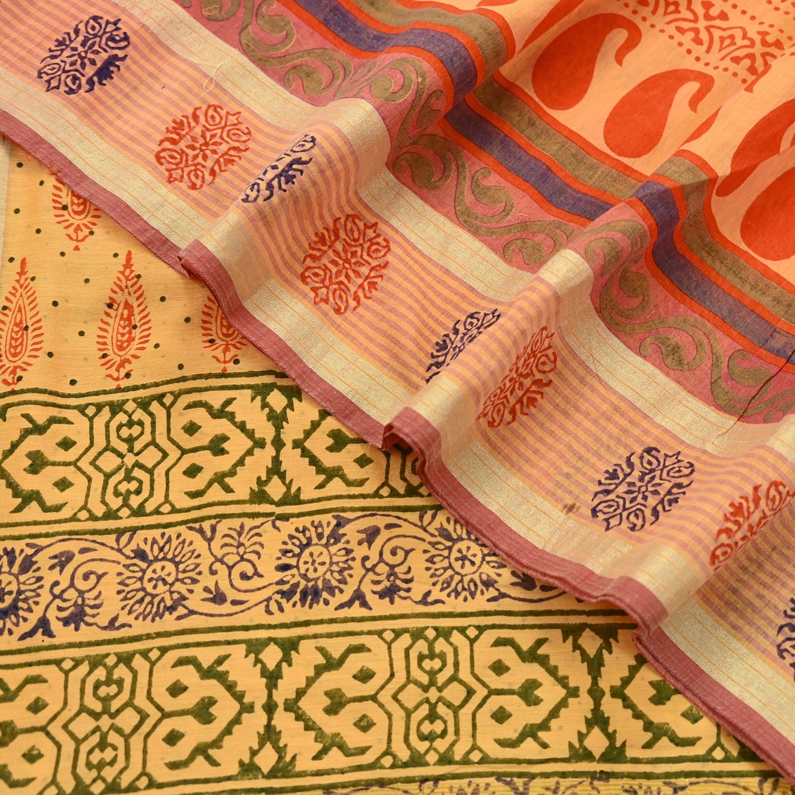 Indian Vintage Yellow Block Printed Pure Chanderi Silk Saree Floral Zari Fabric