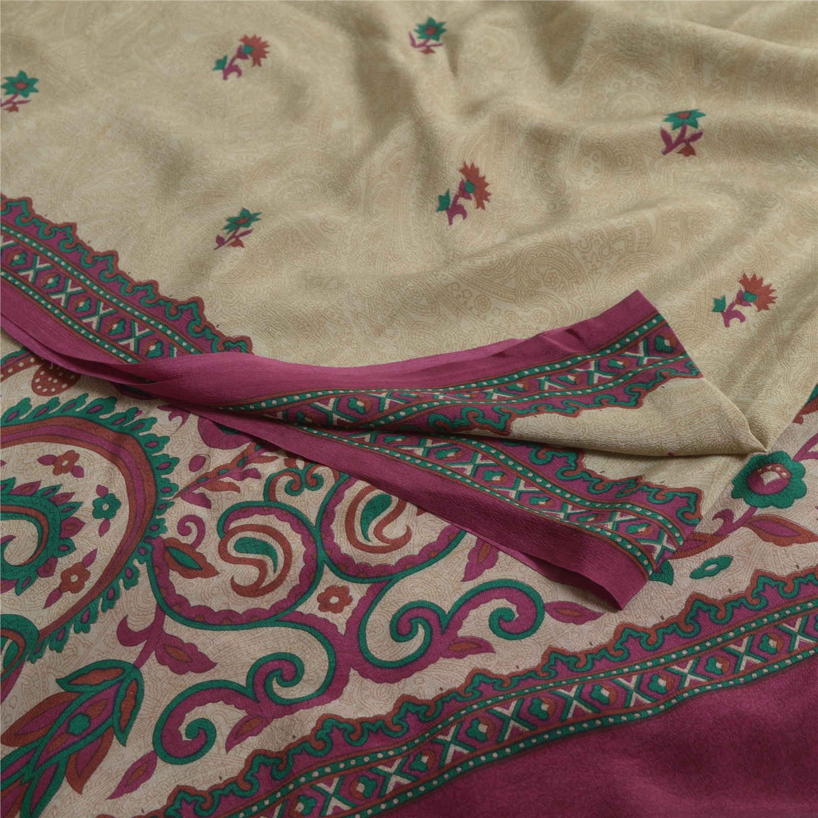 Sanskriti Vintage Beige/Purple Sarees Pure Crepe Silk Printed Fabric Craft Sari