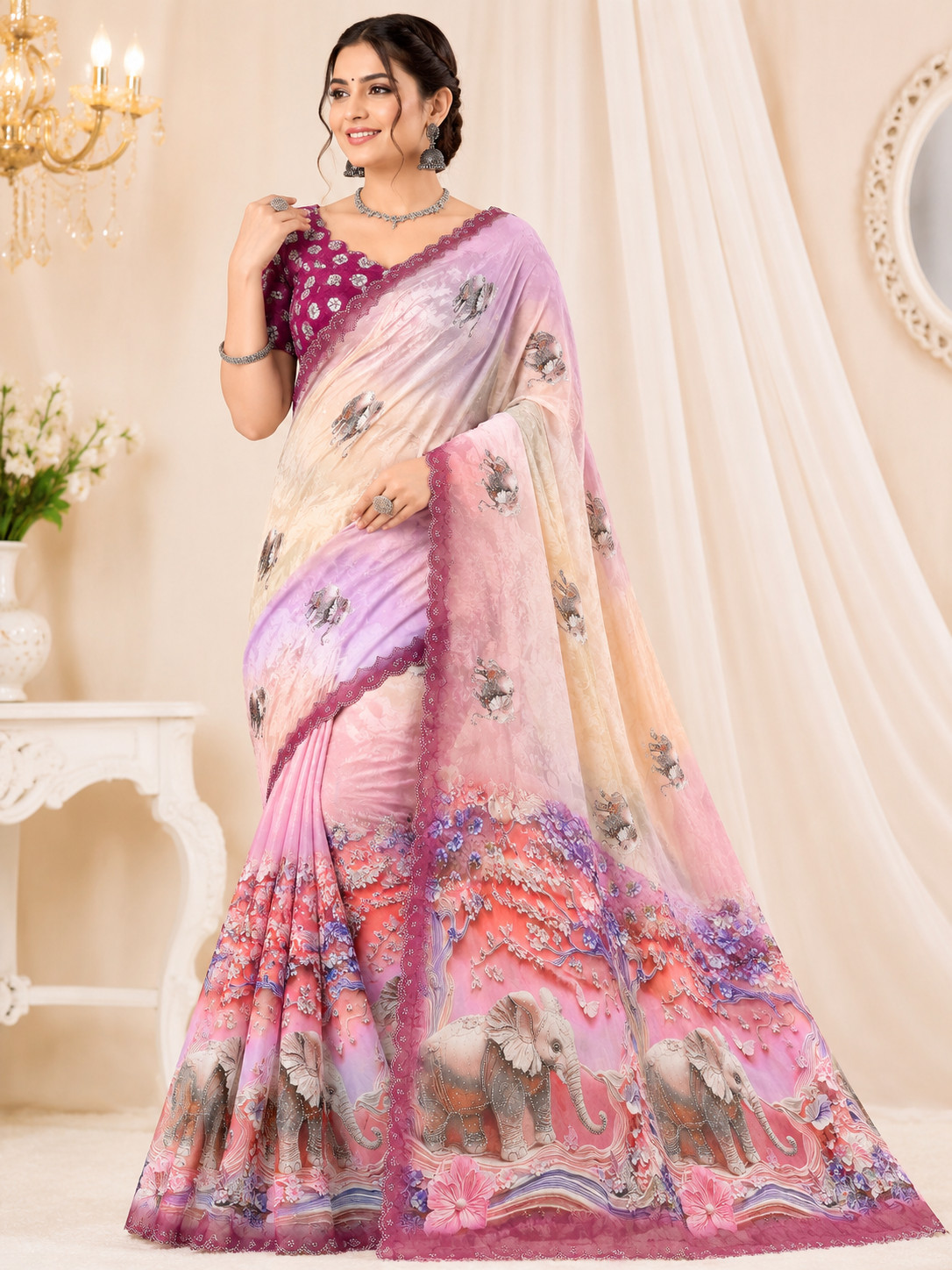 Women’s Wine Weightless 3D Digital Elephant Print Swarovski Work Party Wear Sare