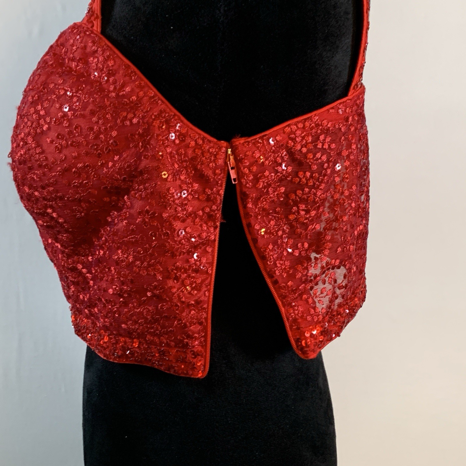 Red Silk Choli Blouse Sheer Back Floral Lace Red & Clear Sequins 15″ Band NWOT