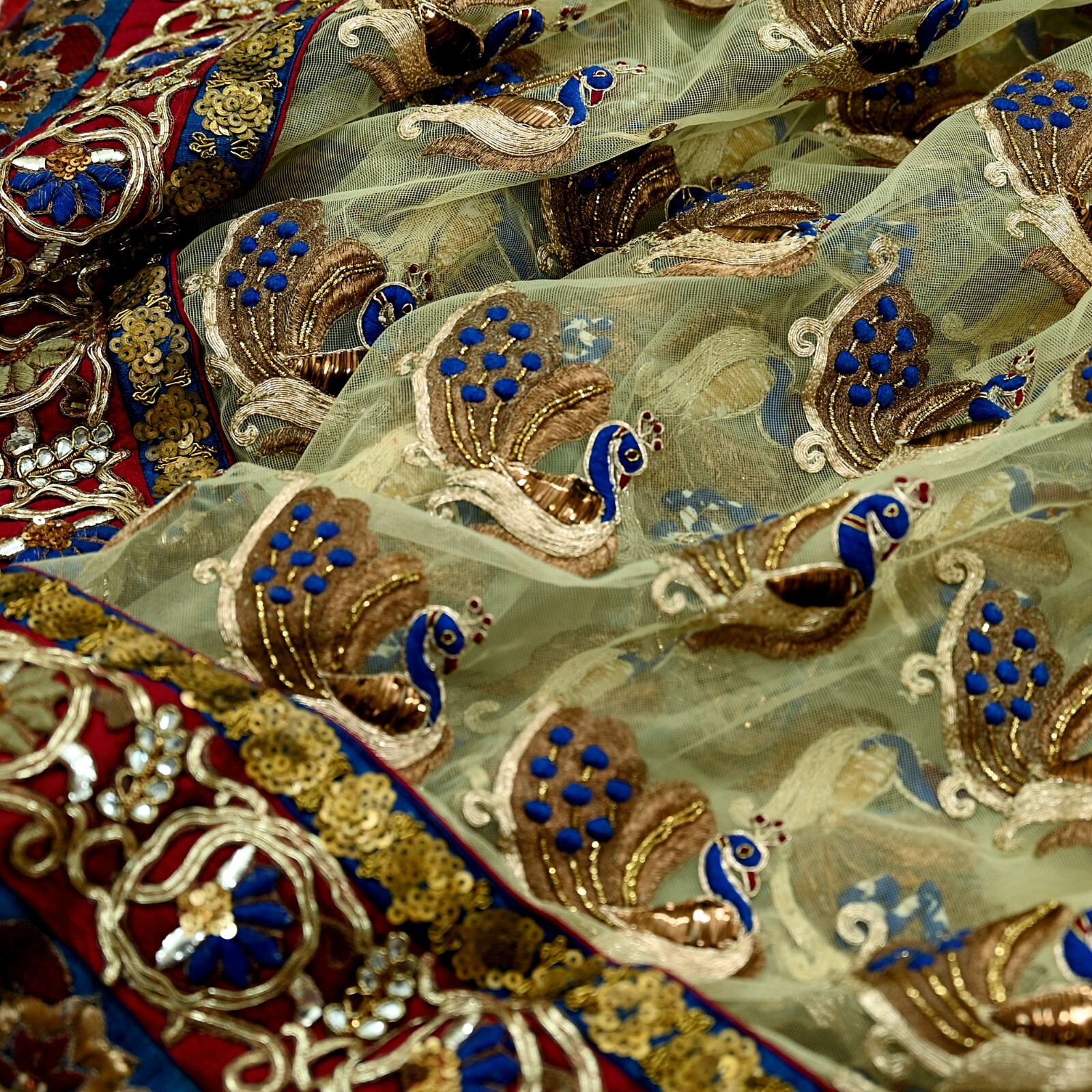 Indian Pre-owned Sari Ivory Net Hand Embroidered Anamika Khanna Designer Sarees