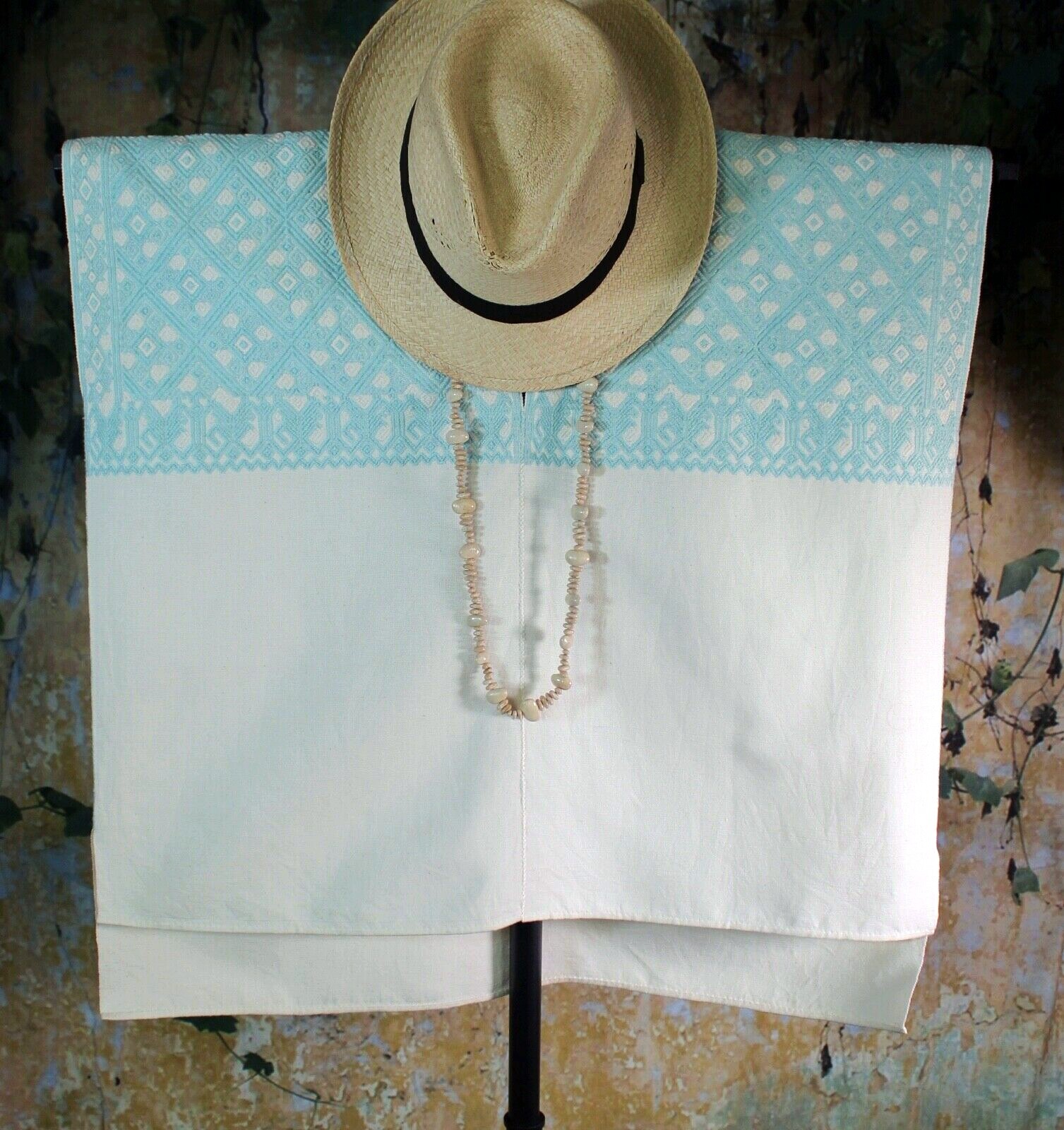 M/L Huipil Aqua & Cream Handwoven Backstrap Loom Mayan Larrainzar Chiapas Mexico