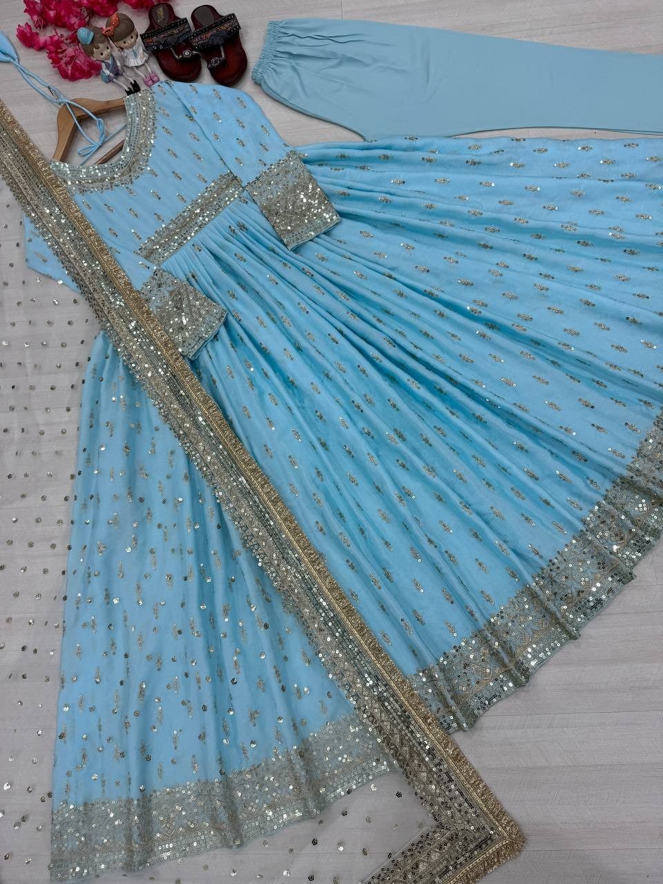 New Party Wear Sky Blue Chinon Silk Salwar Kameez With Dupatta For Women