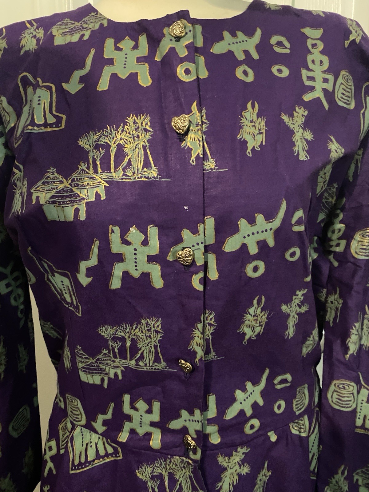 African 2Pieces Skirt Set Button Front Purple/Gold Long Sleeve Matching Cap WM