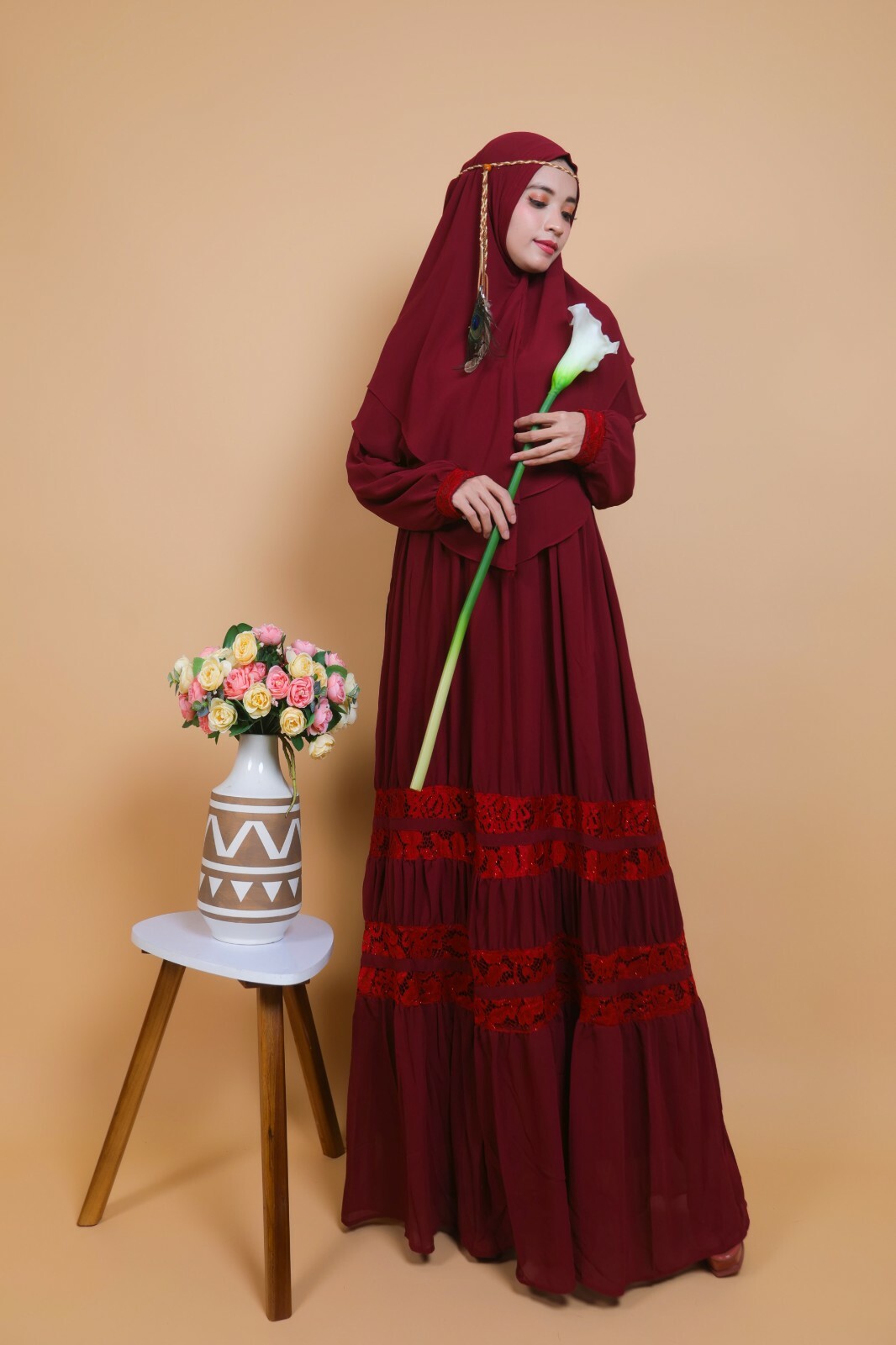 Elegant dark red Long khimar, stylish jilbabs, franch khimar, muslim cover dress