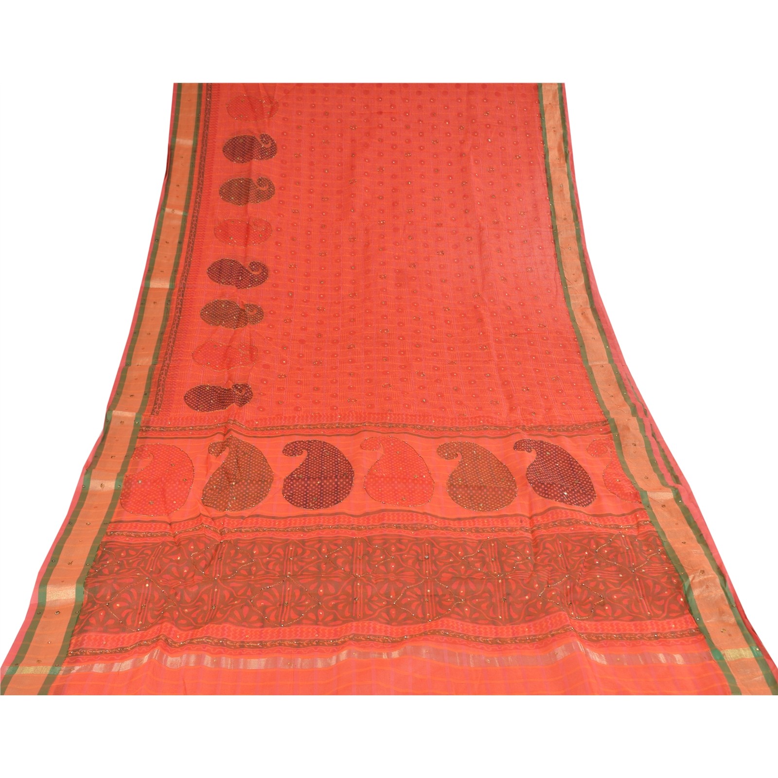 Sanskriti Vintage Coral Sarees Art Silk Hand Beaded Block Kota Doria Sari Fabric