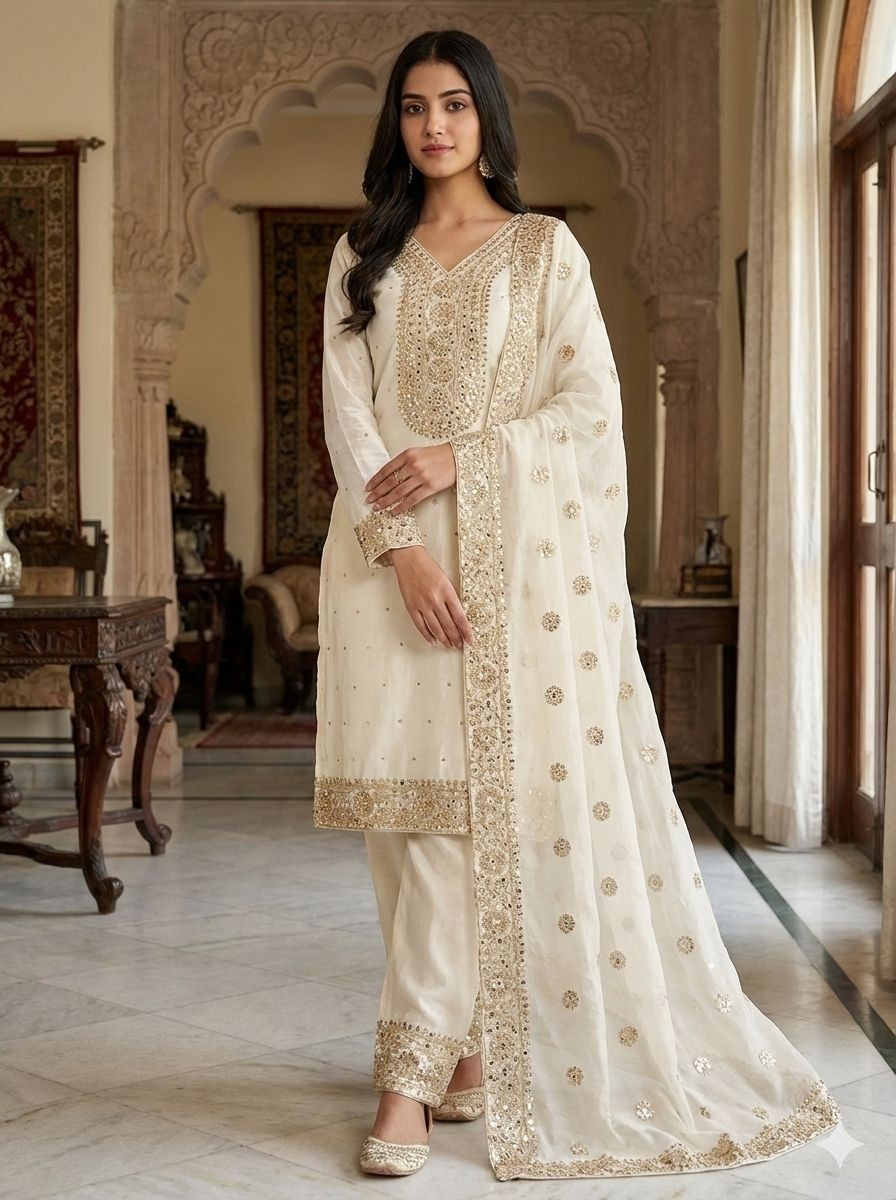 Designer Premium Pure Fancy Silk Kurta Palazzo With Dupatta Sequence Reception