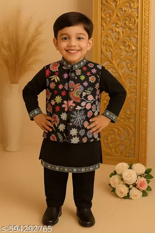Boys Festive & Party, Wedding Kurta, Printed Waistcoat and Pyjama Set
