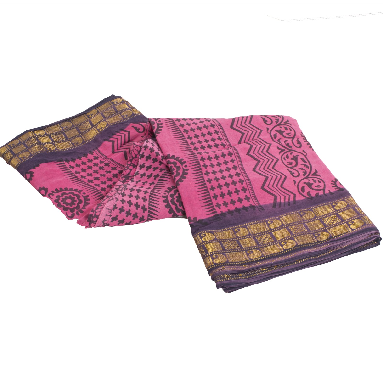 Sanskriti Vintage Sarees Pink & Black Block Print Zari Pure Cotton Sari Fabric