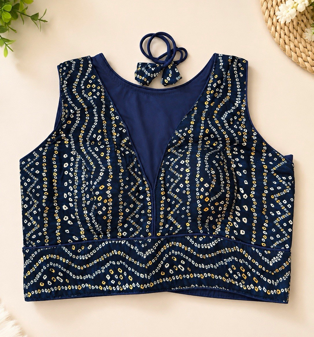 Handmade Women Blue Bandhani Print Sleeveless Tie-Back Choli Blouse One Size.