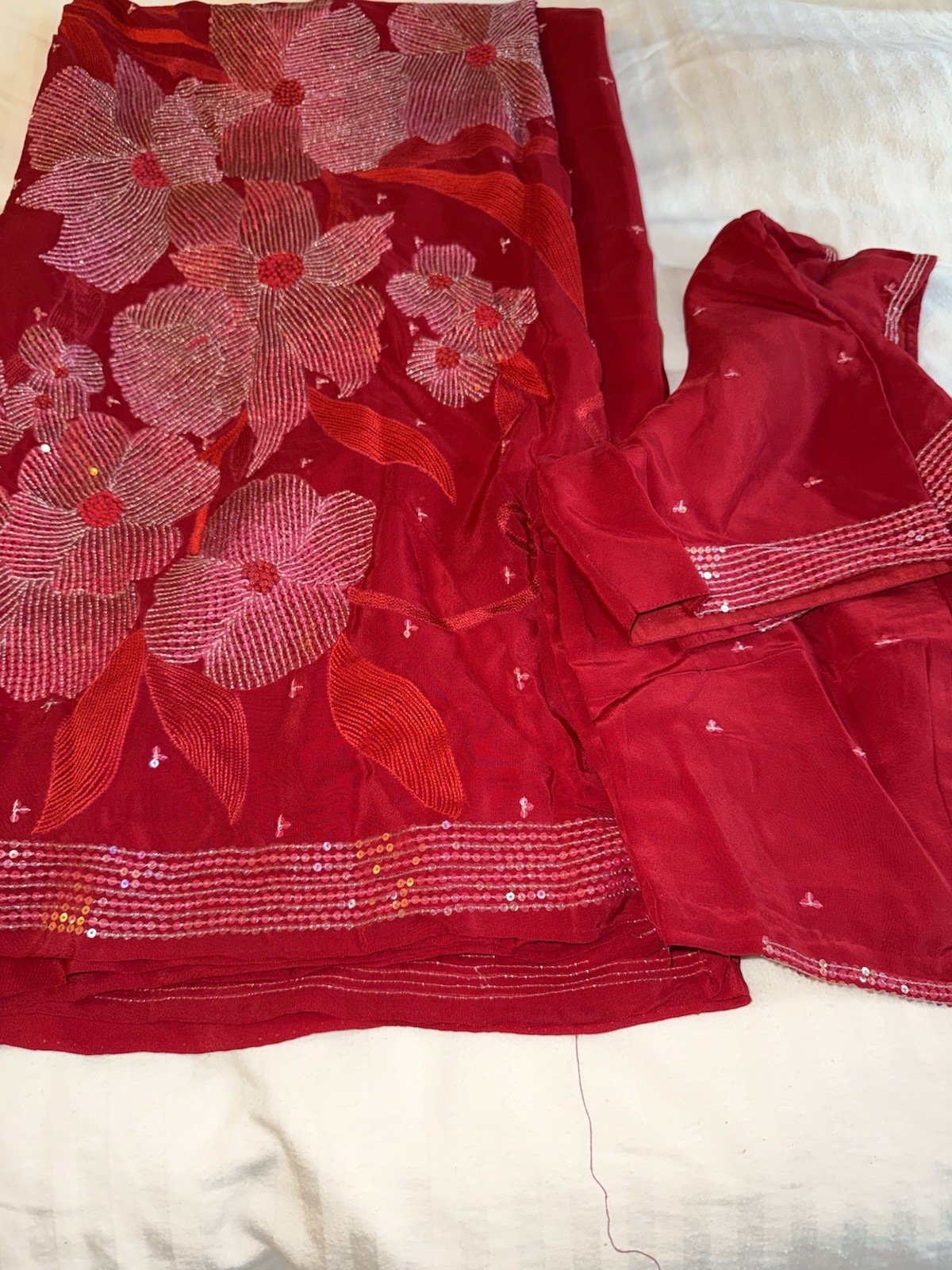 Red Silver silk Floral Sequin Embellished Saree with Blouse for Women Free Size